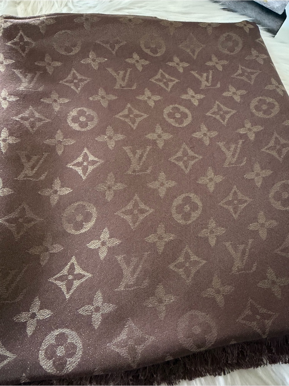 Louis Vuitton Monogram Shawl Scarf in Brown and Gold.